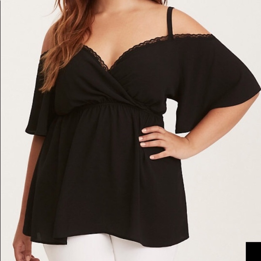 Torrid lace trimmed cold shoulder surplice top